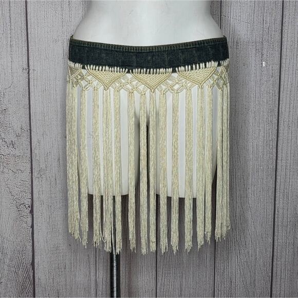 VTG 90s Y2K Boho Macrame Knot Fringed Reversible Embroidered & Denim Belt main image 6